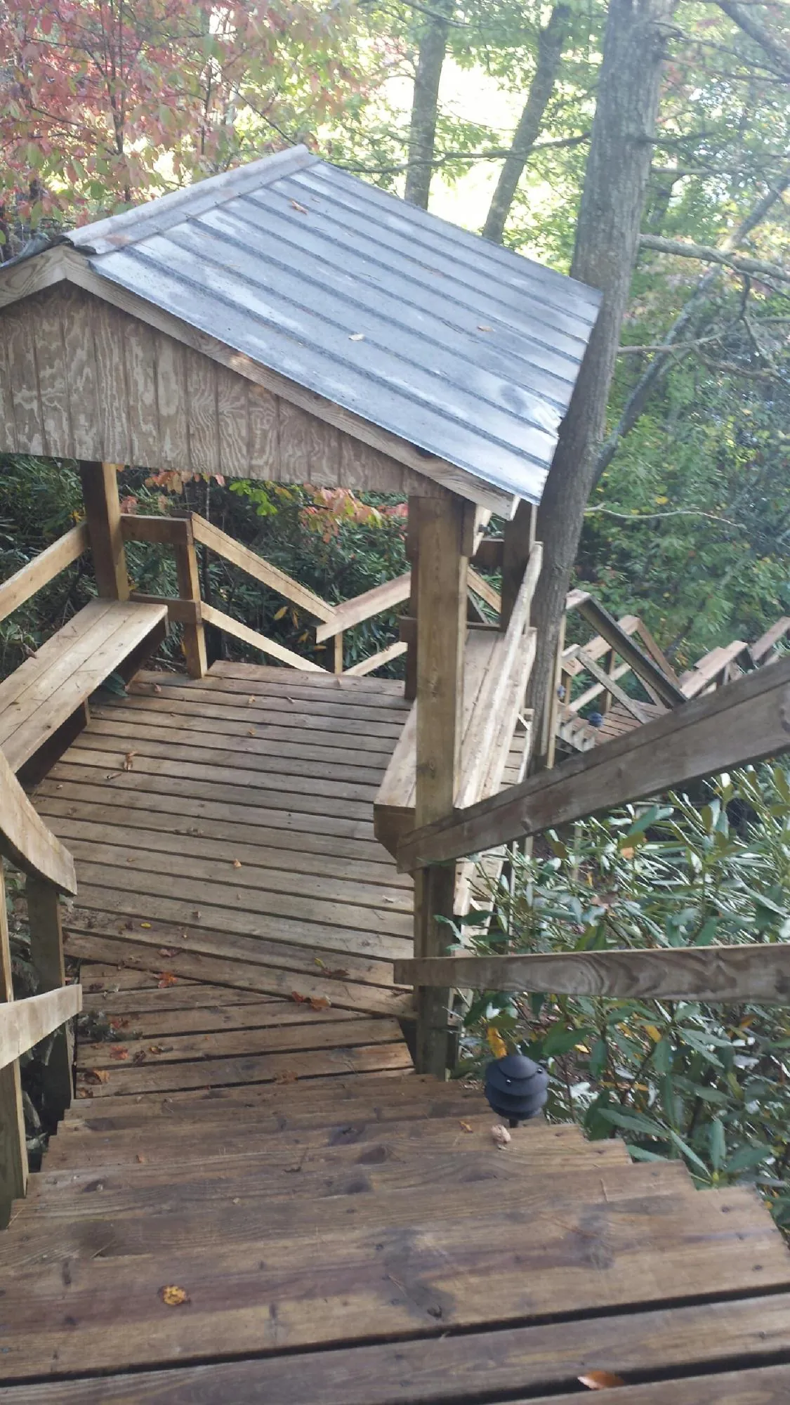 Metal roofed shelter over wooden steps on a wooded walkway — Skylight Repair & Installation work by our crew in Park Rapids